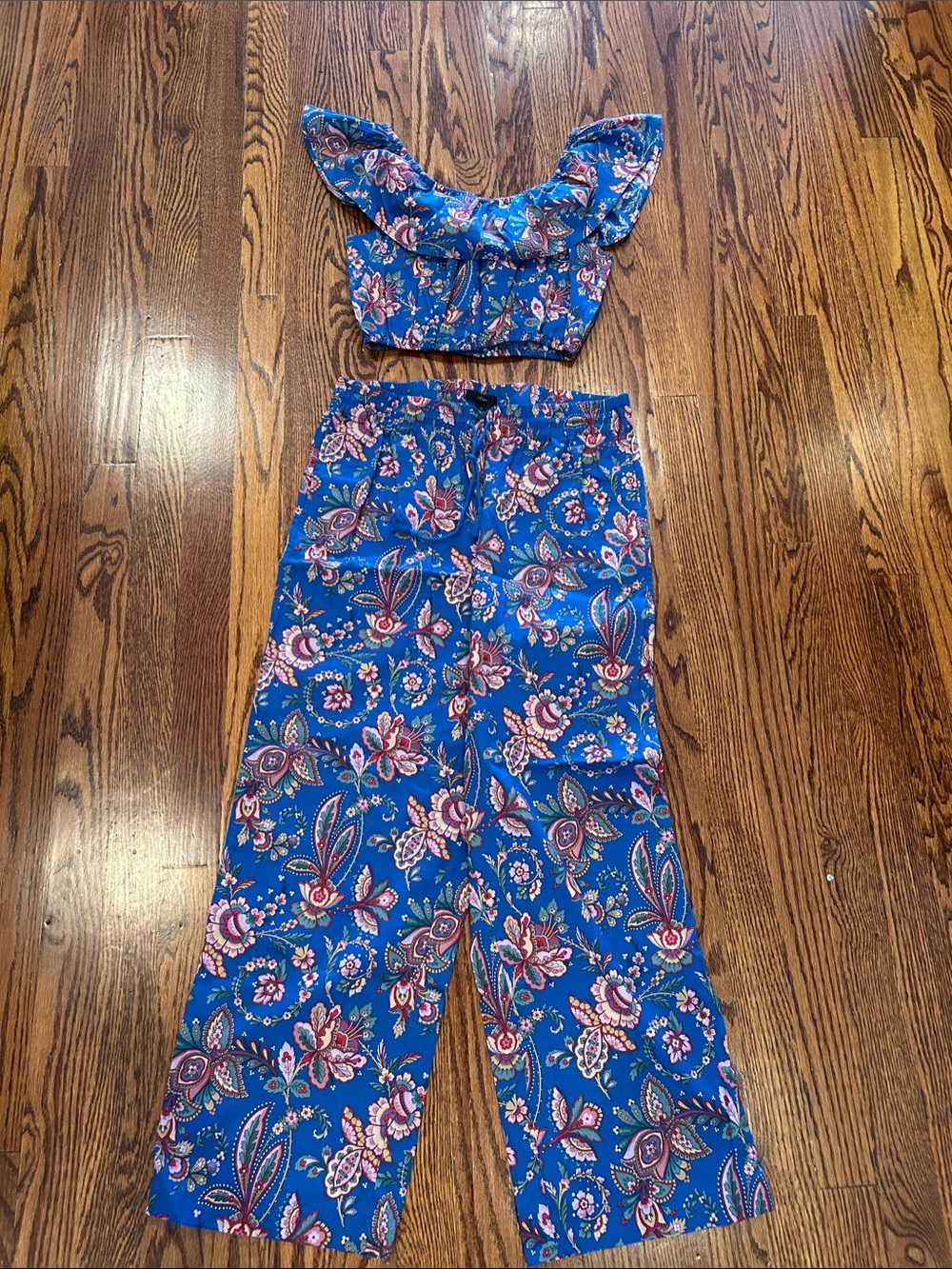 J. Crew Blue Floral Wide-Leg Pants with Matching Crop Top